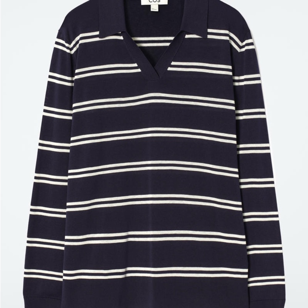 COS Knitted Silk Polo Navy and White Striped V-Neck Shirt